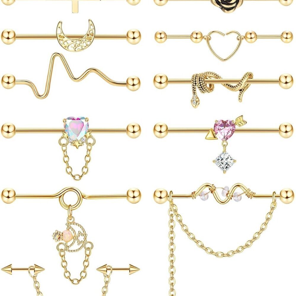 13Pcs Industrial Piercing Jewelry Set Surgical Steel Gold Silver Black